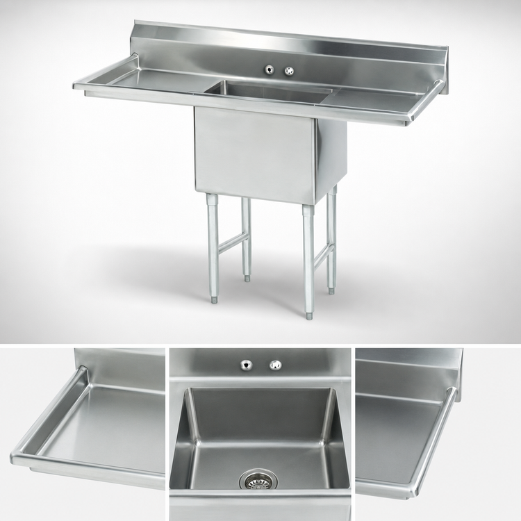 Product image #3 for Advance Tabco 1-Compartment Fabricated Sink with Left and Right Drainboards, 16-Gauge 304 Stainless Steel, 66-Inch Long