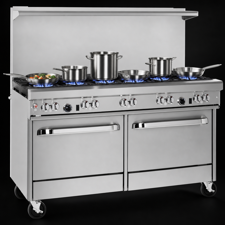 Product image #3 for Southbend Ultimate 60-Inch Gas Restaurant Range with 8 Open Burners, 2 Cabinets, and Hi-Shelf Backriser