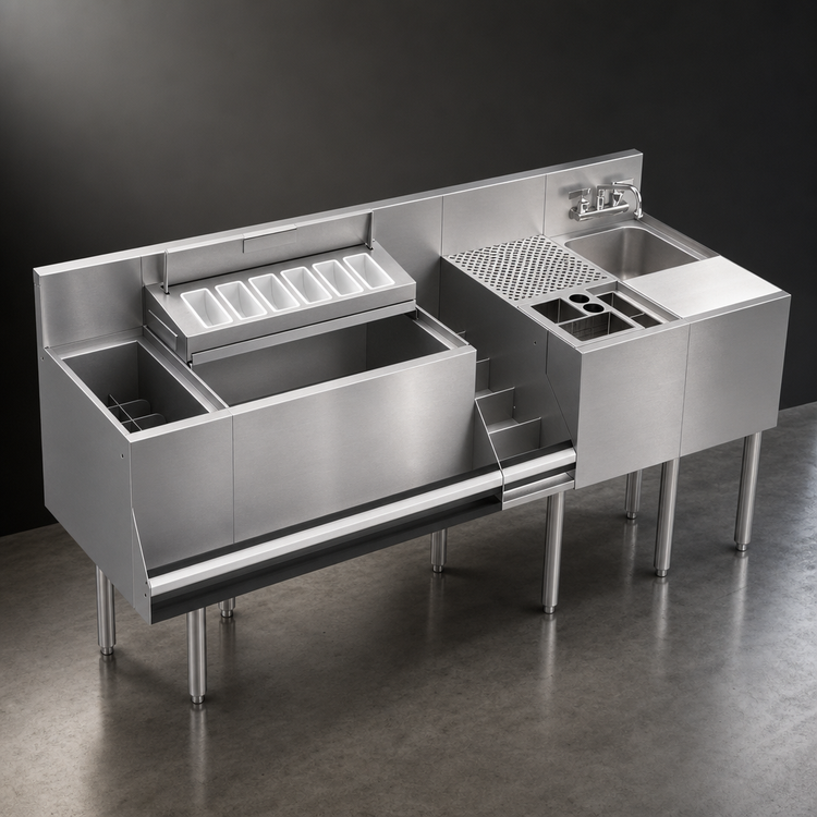 Product image #3 for Krowne Royal Series 64-Inch Stainless Steel Underbar Workstation with Ice Bin, Dump Sink, and Cabinet Below