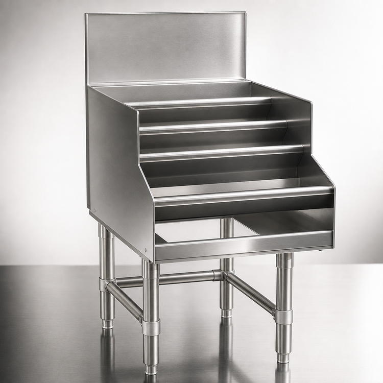 Product image #3 for Spec-Bar 36-Inch Freestanding Liquor Bottle Display Unit, 4-Step Open Step-and-Rail, 304 Stainless Steel