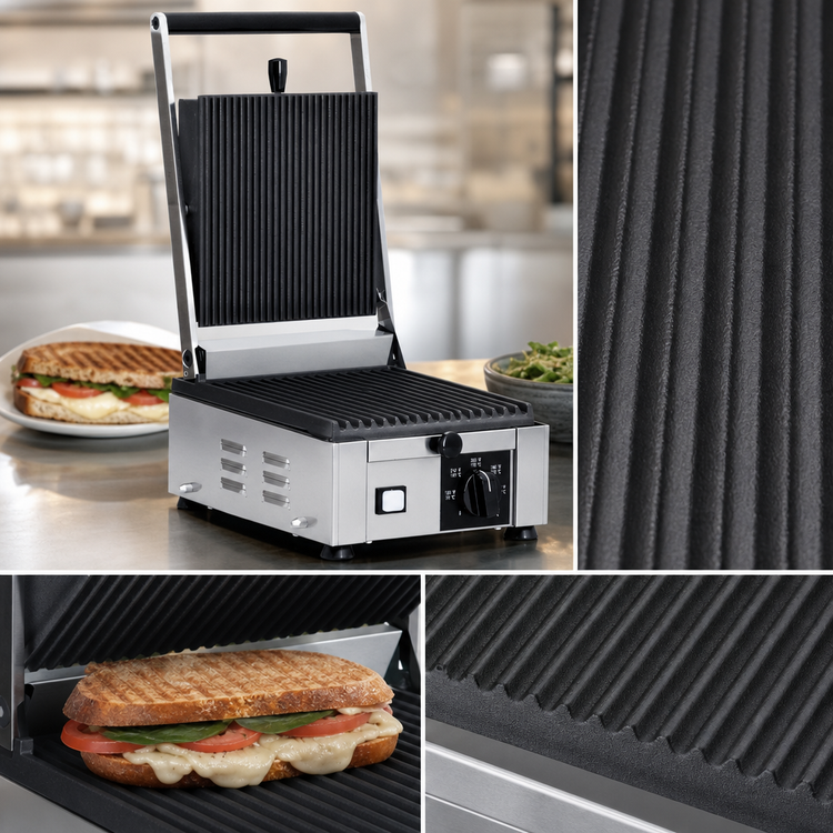 Product image #3 for Trento Single Countertop Electric Panini Press with 10 x 9 Inch Ribbed Cast Iron Plates