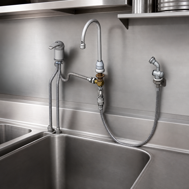 Product image #3 for T&S Brass Side Mount Single Lever Mixing Faucet with Remote On/Off Control, 6-Inch Swivel Gooseneck and Spray Valve