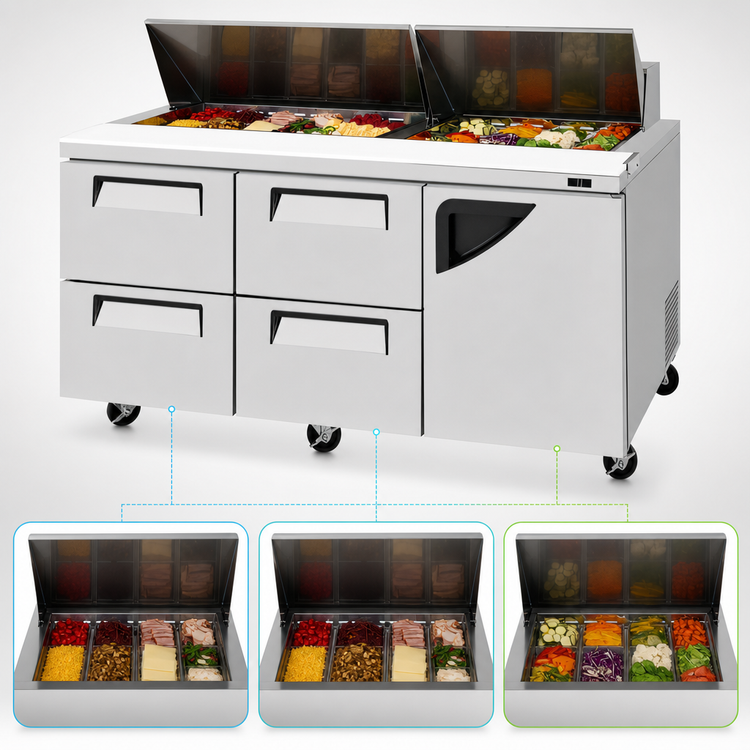 Product image #3 for Turbo Air Super Deluxe 72 5/8-Inch Three-Section Sandwich/Salad Prep Table with 18-Pan Opening, 4 Drawers, and 1 Right-Hinged Door