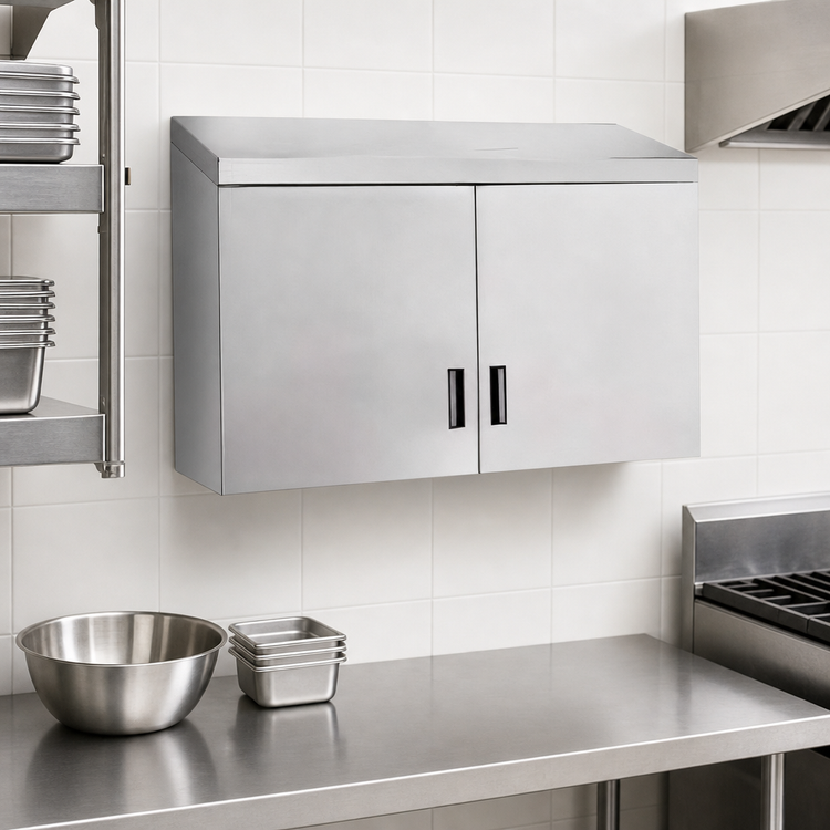 Product image #3 for Advance Tabco Wall-Mounted Enclosed Stainless Steel Storage Cabinet with 2 Hinged Doors and Shelf, 48 x 15 Inches