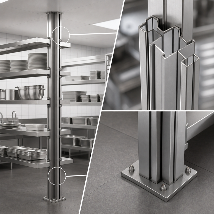 Product image #3 for Heavy Duty Stainless Steel Double-Faced Back-to-Back Uprights for Cantilevered Shelving, 72 Inch Floor-to-Ceiling Mount