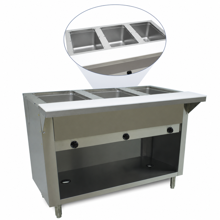 Product image #3 for Advance Tabco Triumph Supreme 47-1/8-Inch Stainless Steel Natural Gas 3-Well Open-Well Commercial Steam Table with Enclosed Base and Cutting Board Shelf