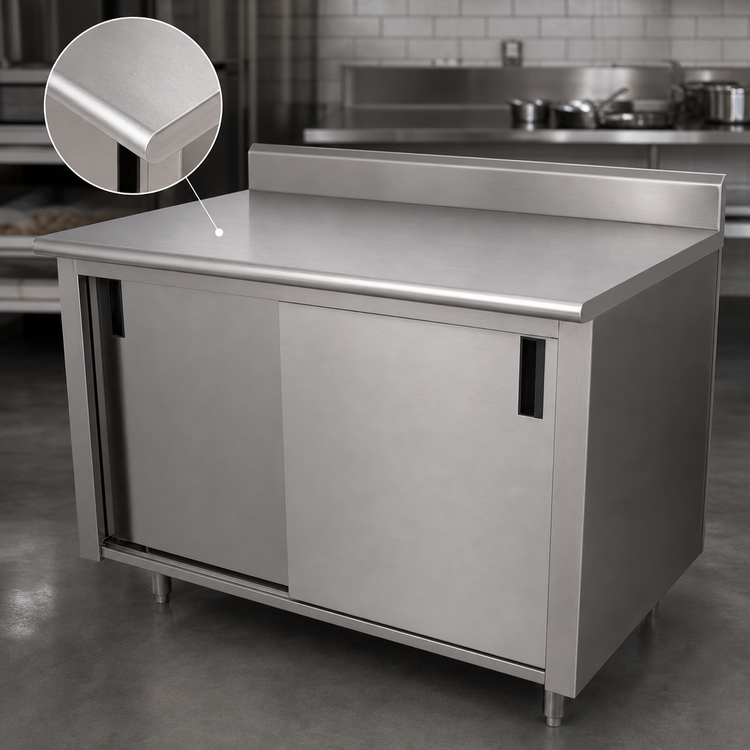 Product image #3 for Advance Tabco Special Value Economy Enclosed Work Table with Cabinet Base and Sliding Doors, 84 x 30 Inch, 16-Gauge 304 Stainless Steel Top, 5 Inch Backsplash