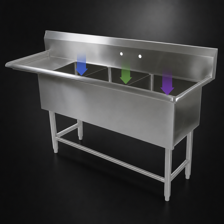 Product image #3 for John Boos Pro-Bowl 3-Compartment Sink with 30-Inch Left Drainboard, 88-3/16 x 23-1/2 x 44-1/16 Inches, 14-Gauge Stainless Steel
