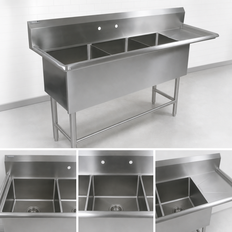 Product image #3 for John Boos Pro-Bowl 3-Compartment Sink with 18-Inch Right Drainboard, 18 x 24 x 14 Bowls, 16-Gauge Stainless Steel