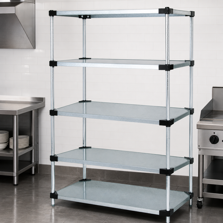 Product image #3 for Quantum Stationary Solid Shelving Starter Kit, 48"W x 18"D x 74"H, 5 Solid Shelves, Galvanized Steel Shelves with Chrome Posts