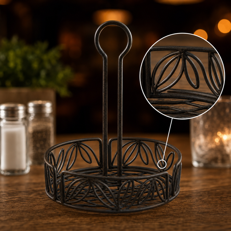 Product image #3 for Ironworks 6-1/4 Inch Round Black Wrought Iron Condiment Rack with Center Handle and Table Number Slot