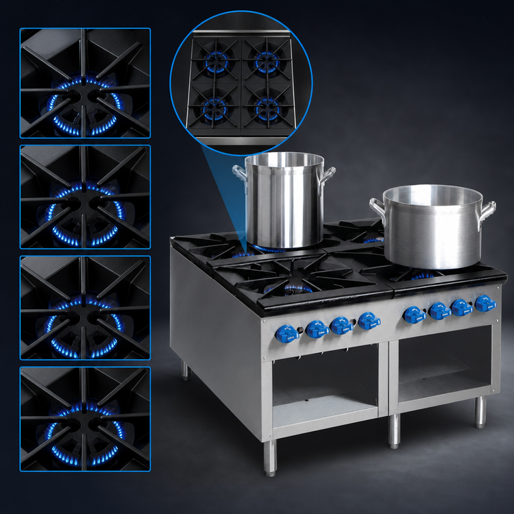 Product image #3 for Comstock-Castle 36-Inch Floor Model Gas Stock Pot Range with Open Front Cabinet Base, 4 Burners, 440,000 BTU