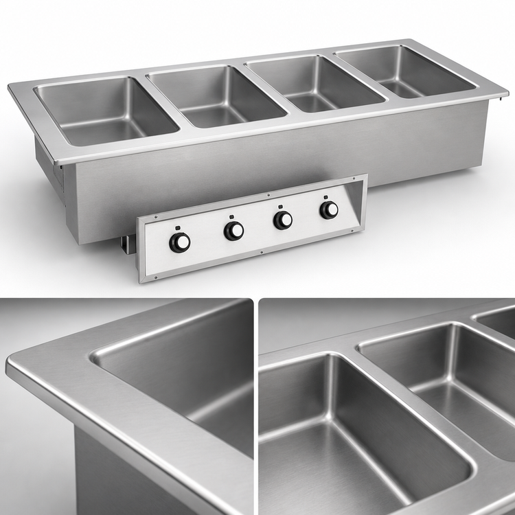 Product image #3 for Randell 4-Pan Drop-In Electric Wet Hot Well with 12" x 20" Openings, Drains, and Manifold