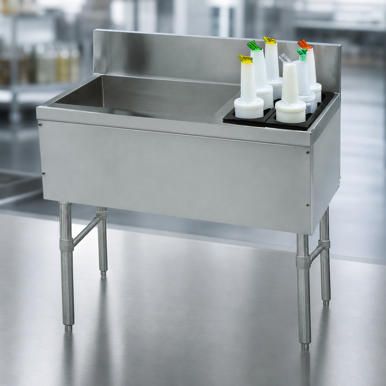 Product image #3 for Advance Tabco Prestige Stainless Steel Underbar Ice Chest with Right-Side Bottle Storage Rack