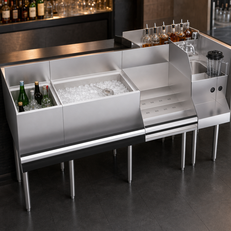 Product image #4 for Krowne Royal Series 66-Inch Underbar Ice Bin/Cocktail Station with Blender Station, Liquor Display, and 10-Circuit Cold Plate