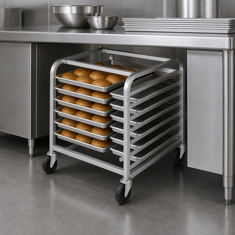 Product image #3 for Channel Manufacturing Half-Height Aluminum End-Load Bun Pan Rack with 5-Inch Swivel Stem Casters, 9 Full-Size/18 Half-Size Pan Capacity