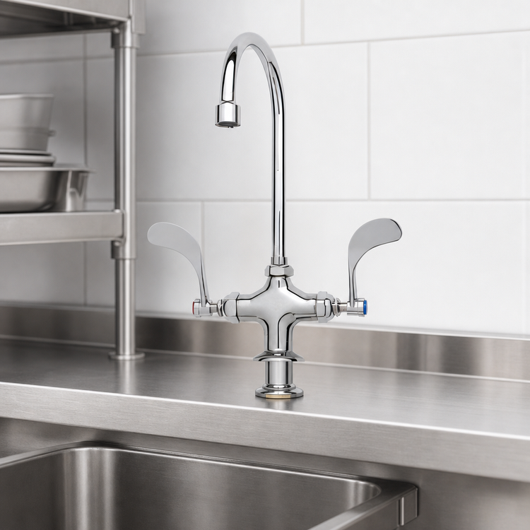 Product image #3 for T&S Brass Double Pantry Deck-Mount Manual Faucet with Swivel Gooseneck and Wrist Handles