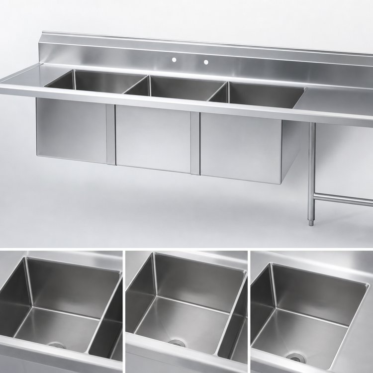 Product image #3 for Advance Tabco 107-Inch 3-Compartment Straight Dishtable with 20 x 20 x 14-Inch Bowls and Right Drainboard