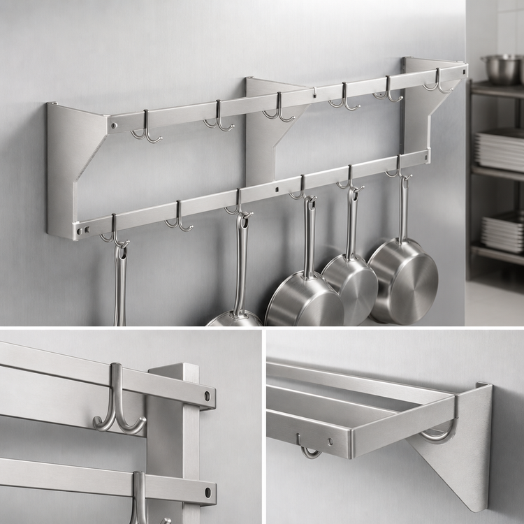 Product image #3 for Eagle Group 36-Inch Double-Bar Wall-Mounted Stainless Steel Pot Rack with 6 Hooks