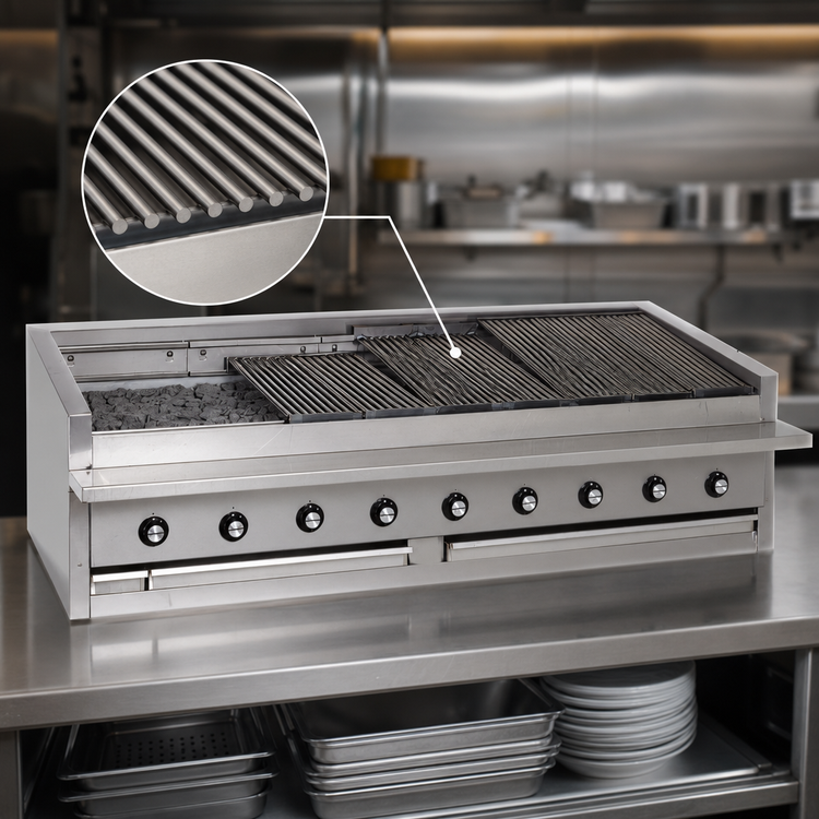 Product image #3 for Bakers Pride Dante Series 72-Inch Low-Profile Countertop Gas Radiant Charbroiler with Round Rod Top Grate