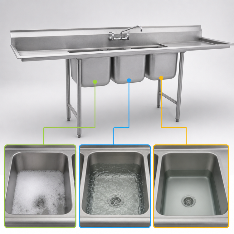 Product image #3 for Eagle Group 3-Compartment Sink with Right-Hand Drainboard, 304 Stainless Steel, Floor Model