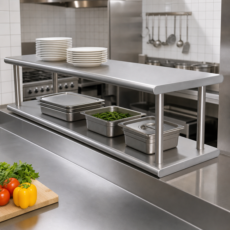 Product image #3 for Advance Tabco Double-Tier Pass-Thru Shelf, 132 Inch x 18 Inch, 18/430 Stainless Steel
