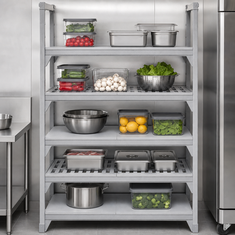 Product image #4 for Cambro Camshelving Premium 24" W x 42" L 5-Shelf Vented and Solid Shelf Kit, Speckled Gray