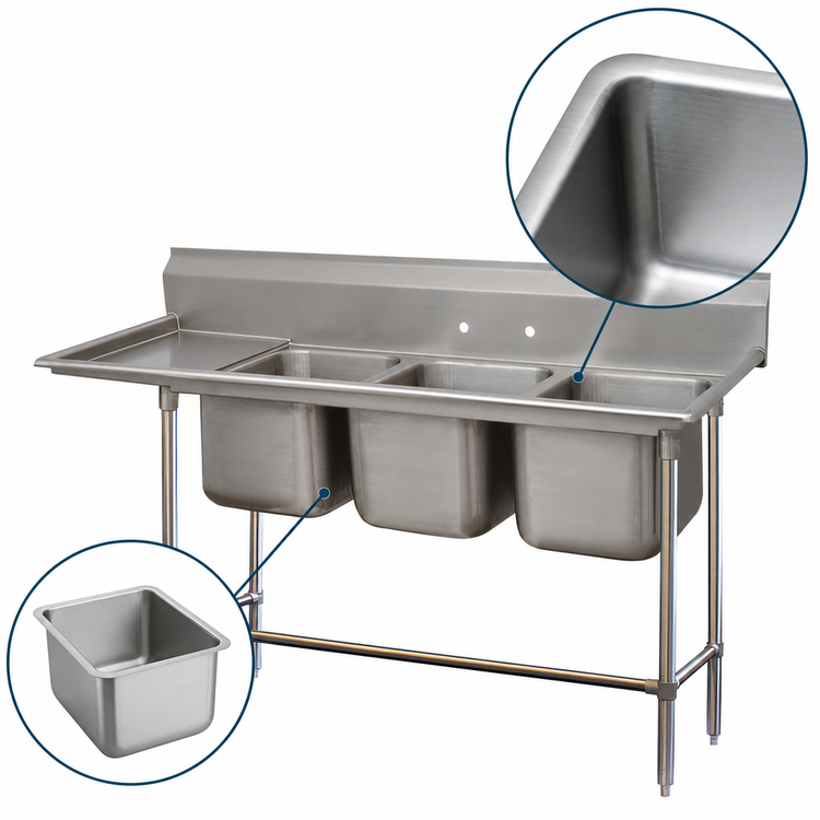 Product image #3 for Advance Tabco Regaline 3-Compartment Sink with Left-Hand Drainboard, 84-Inch, 14-Gauge 304 Stainless Steel