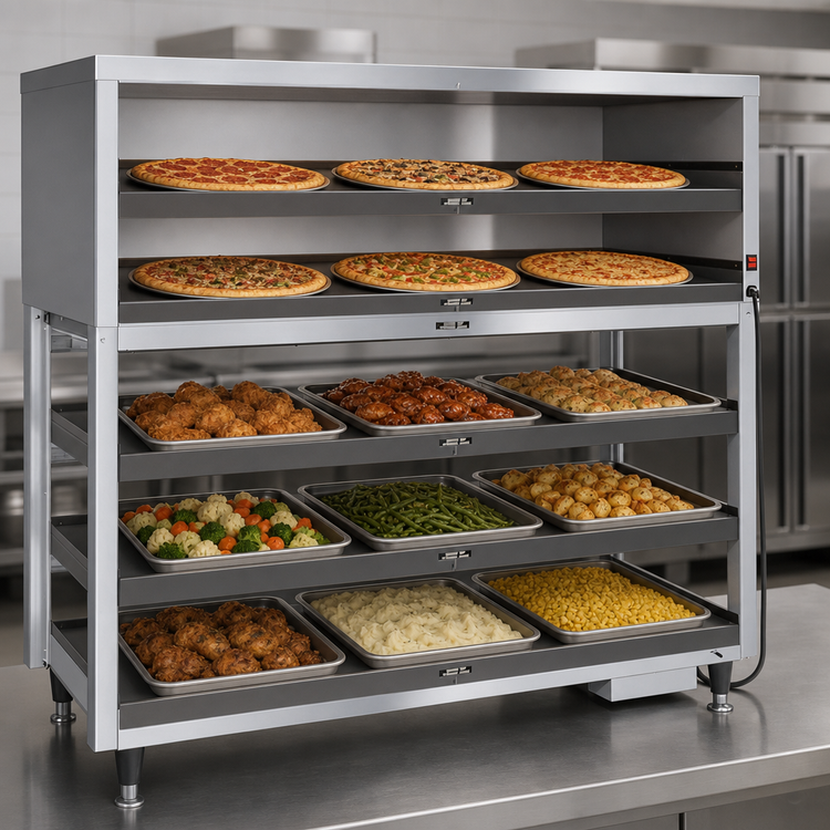 Product image #3 for Hatco PDH-55T Electric Triple Shelf Heated Shelf Display Unit with Base and Overhead Heat, 9-Pizza Capacity