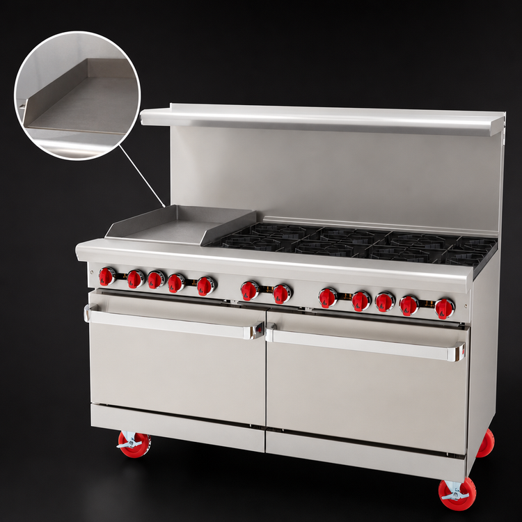 Product image #3 for American Range 60-Inch Commercial Gas Range with Left Griddle, 8 Open Burners, Standard Oven, and Storage Base