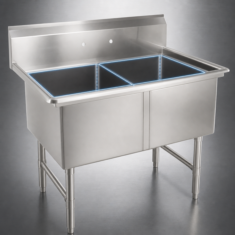 Product image #3 for John Boos B Series 2-Compartment Stainless Steel Commercial Sink with 10-Inch Boxed Backsplash