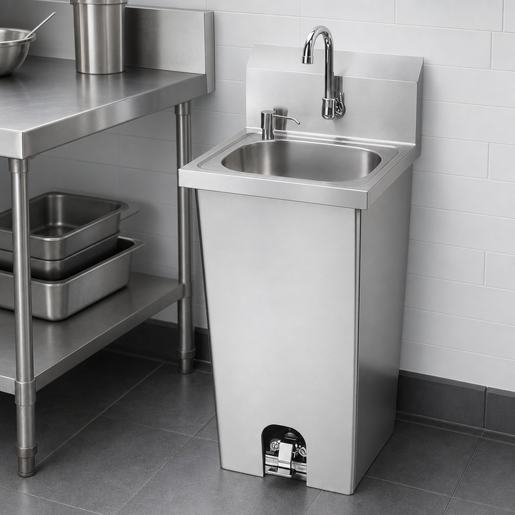 Product image #3 for Krowne Pedestal-Mounted Stainless Steel Hand Sink with Foot Pedal Valve and Soap Dispenser