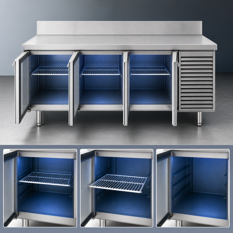 Product image #3 for La Rosa Refrigeration 74-Inch Three-Section Worktop Freezer Base with Doors, Self-Contained Side-Mounted Refrigeration
