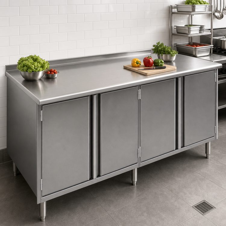 Product image #3 for Eagle Group Spec-Master Enclosed Work Table with Cabinet Base, 84 x 30 Inches, 14-Gauge 304 Stainless Steel Top, 4 Hinged Doors, 1-1/2 Inch Rear Up-Turn
