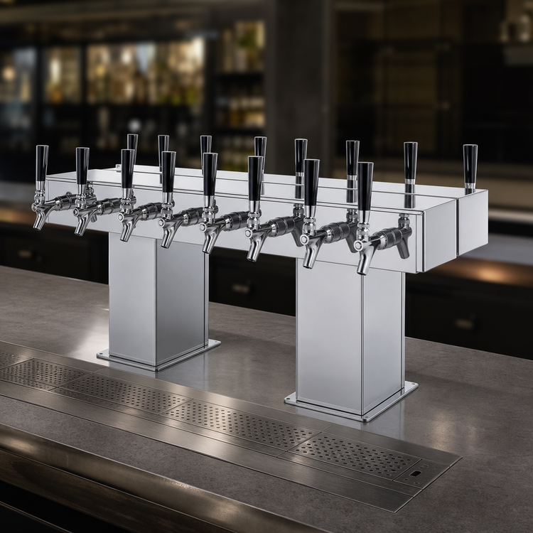 Product image #3 for Perlick Extra High Back-to-Back Bridge Tee Countertop Glycol-Cooled Draft Beer Tower, 32 Faucets, Chrome Finish