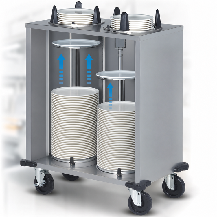 Product image #3 for Dinex Self-Leveling Enclosed Mobile Unheated 2-Silo Plate Dispenser for 12.25-Inch Round Plates
