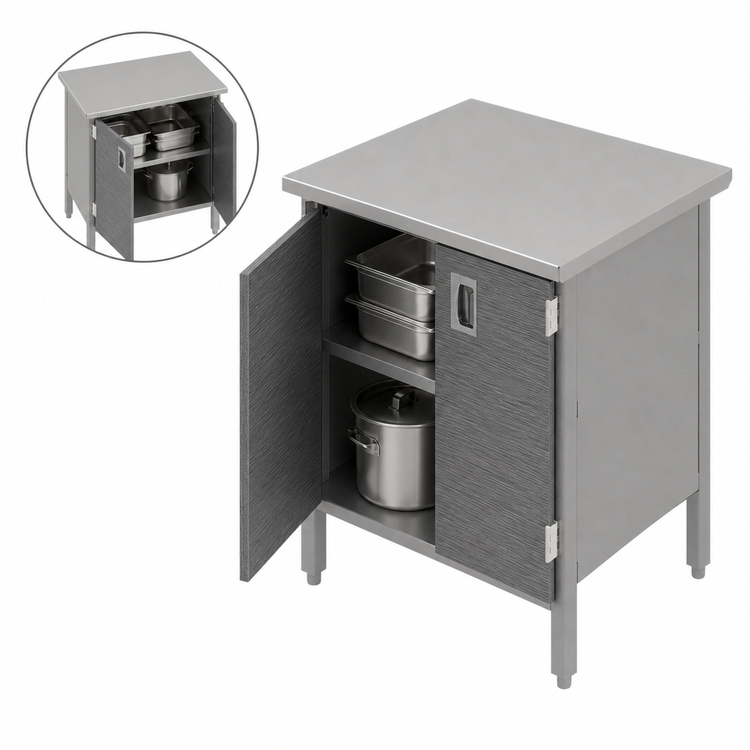 Product image #3 for John Boos Enclosed Work Table with Cabinet Base and Hinged Doors, 96 x 30 Inches, 14-Gauge 300 Series Stainless Steel Flat Top