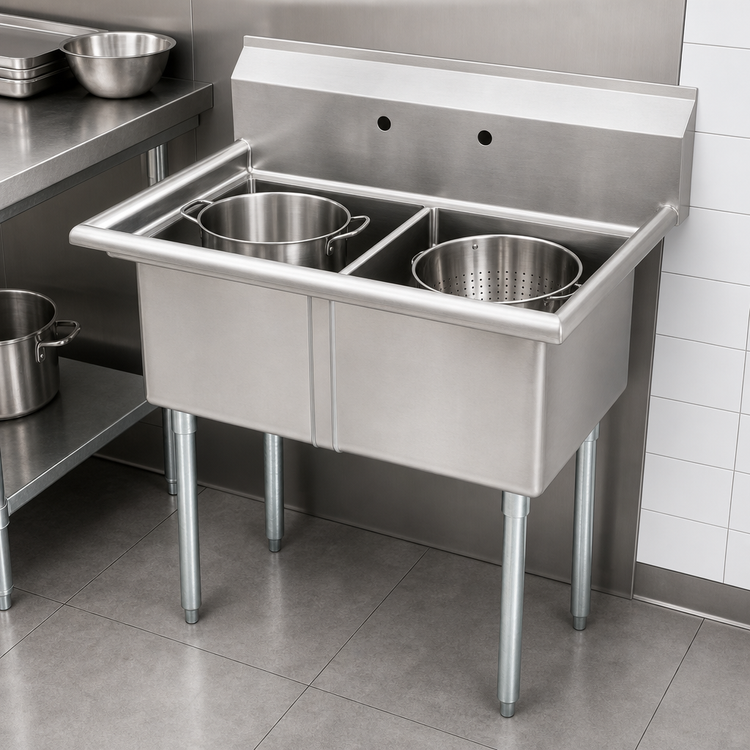 Product image #3 for Omcan 2-Compartment Pot Sink with 18 x 18 x 11-Inch Bowls, 304 Stainless Steel, and Galvanized Legs