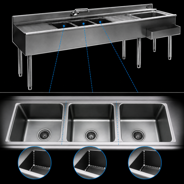 Product image #3 for Eagle Group 2200 Series 84-Inch Underbar Combination Unit with 3 Sink Bowls, Left Ice Bin and Speed Rail