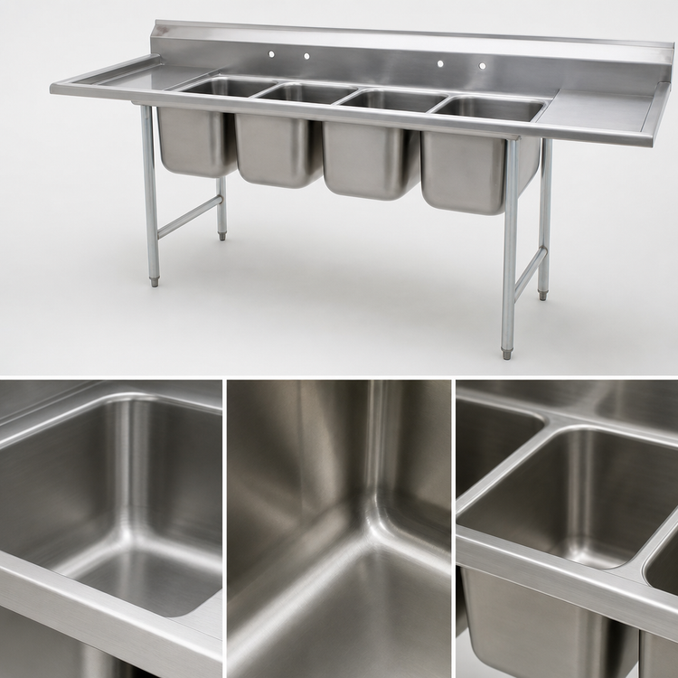 Product image #3 for Eagle Group 414 Series Coved-Corner Four-Compartment Stainless Steel Sink with Dual 24-Inch Drainboards, 128 Inches Wide