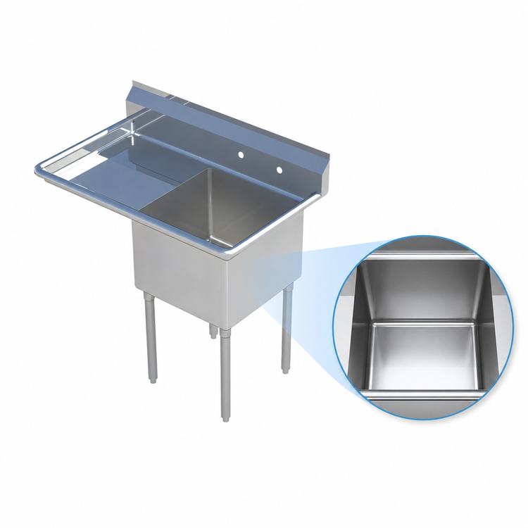 Product image #3 for Sapphire Manufacturing 1-Compartment Stainless Steel Sink with Left Drainboard and 9-3/4 Inch Backsplash, 38-1/2 Inch Wide