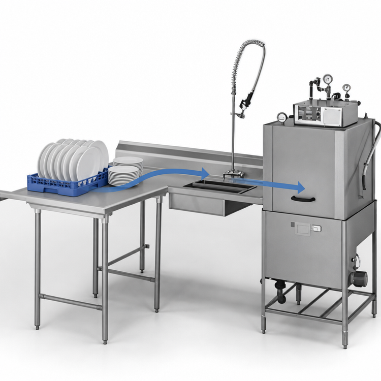 Product image #3 for Spec-Master Island Soiled Dishtable with Dish Landing Shelf and Pre-Rinse Sink, 66-Inch Machine-to-Corner