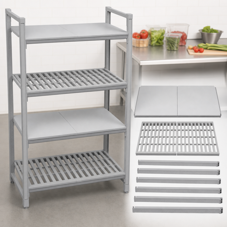 Product image #4 for Cambro Camshelving Premium 21"W x 36"L 4-Shelf Vented & Solid Shelf Kit, Speckled Gray
