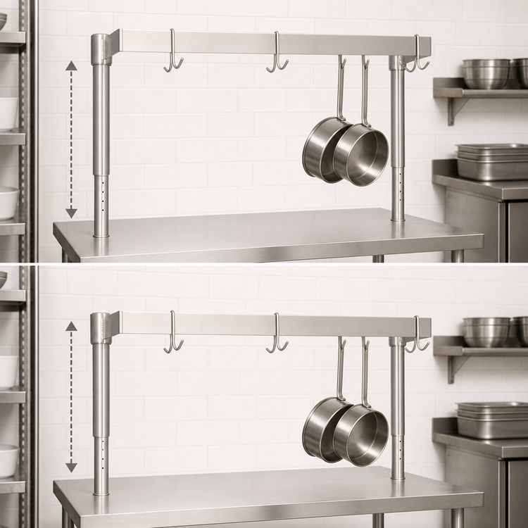 Product image #3 for BK Resources APU-48 Adjustable Table-Mount Single-Bar Stainless Steel Pot Rack, 48 Inch W x 50 Inch H, 8 Double-Prong Hooks