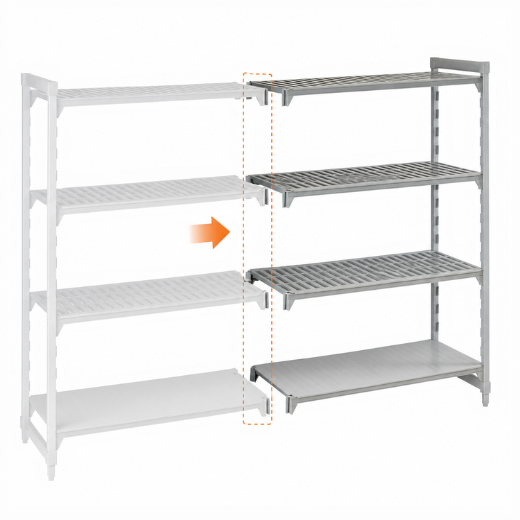 Product image #4 for Cambro Camshelving Premium 4-Shelf Add-On Polymer Shelving Unit, 24 x 42 x 72 Inches, 3 Vented + 1 Solid, Speckled Gray