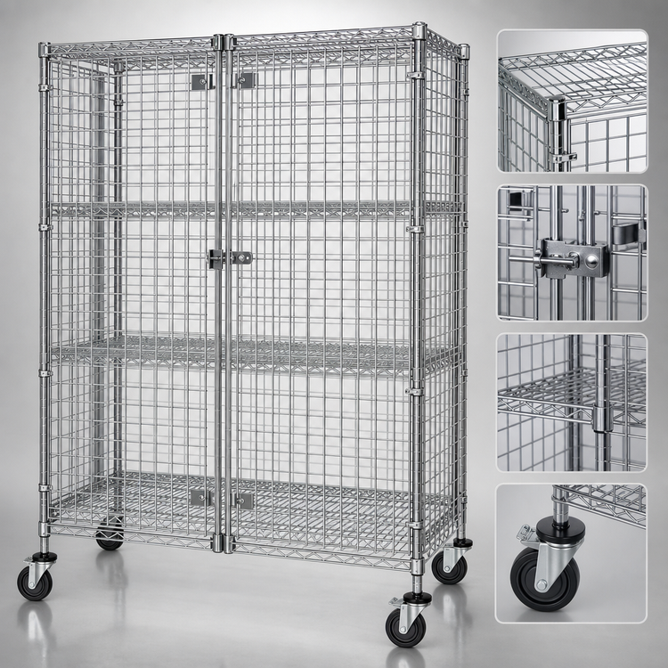 Product image #3 for Quantum Mobile Wire Security Cage, 36 Inches Wide x 18 Inches Deep x 69 Inches High, Chrome Plated