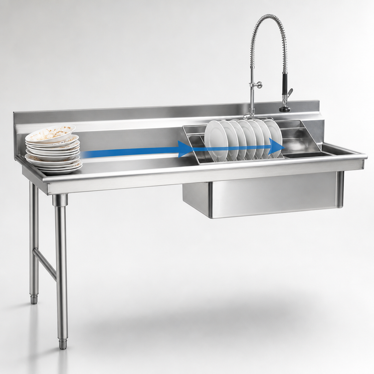 Product image #3 for Eagle Group Straight Soiled Dishtable with Left-to-Right Operation, 84 x 30 Inch, 16/430 Stainless Steel Top, 8 Inch Backsplash, Pre-Rinse Sink