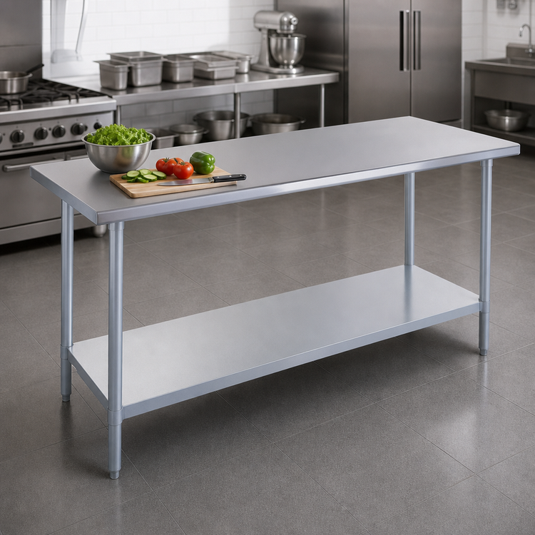 Product image #3 for Duke Manufacturing 60-Inch x 24-Inch Stainless Steel Flat-Top Work Table with Galvanized Undershelf and Posts