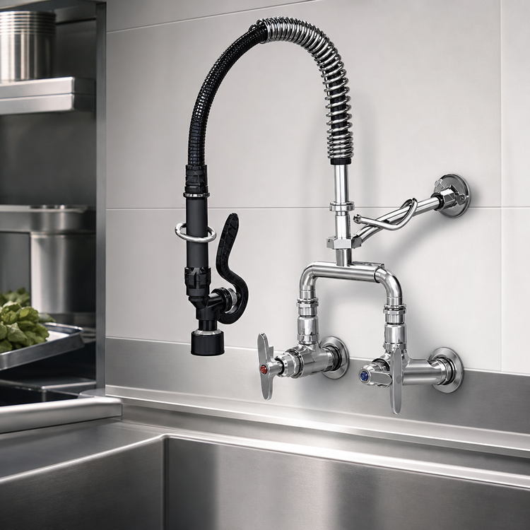Product image #3 for T&S Brass MPY-8WLN-06 Mini Wall-Mount Pre-Rinse Faucet, 8-Inch Centers, 6-Inch Swing Nozzle, 0.65 GPM Spray Valve