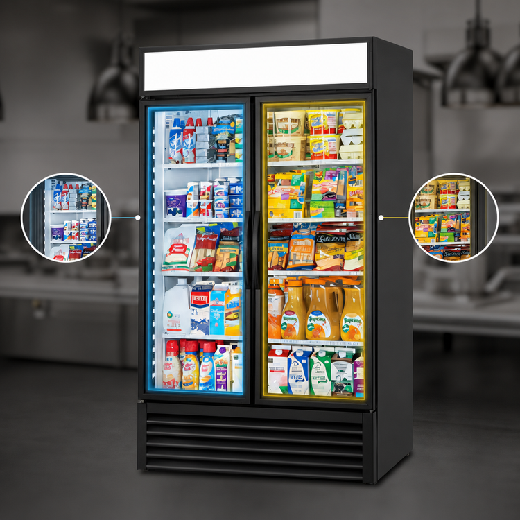 Product image #3 for True Two-Section Glass Door Merchandiser Refrigerator with Hinged Low-E Glass Doors and 8 Shelves